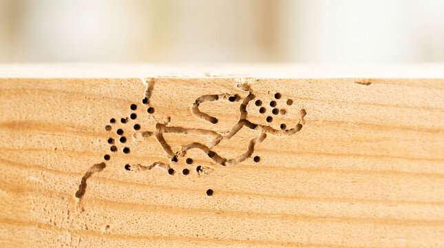 Wood worm damage tunnel holes in wooden surface  