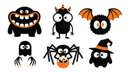 Obraz premium Cute black and orange Halloween monsters set with ghost spider and bat vector illustrations