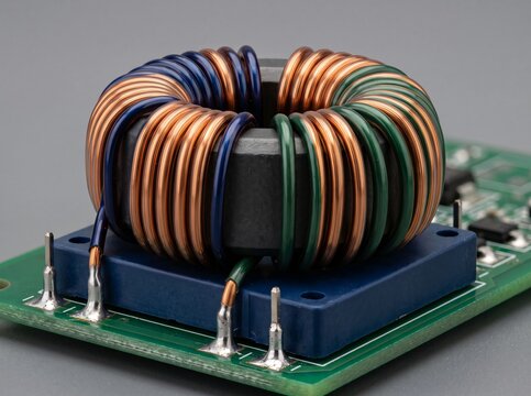 Large toroidal core inductor with thick copper windings mounted on industrial circuit board.