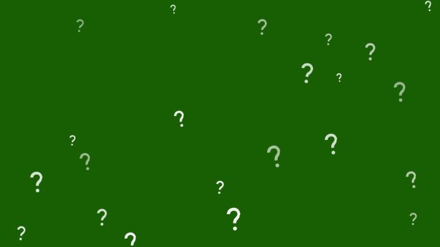 Floating question marks on green background, animated mystery symbols for quiz and education, white interrogation marks motion graphic isolated on Transparent Background