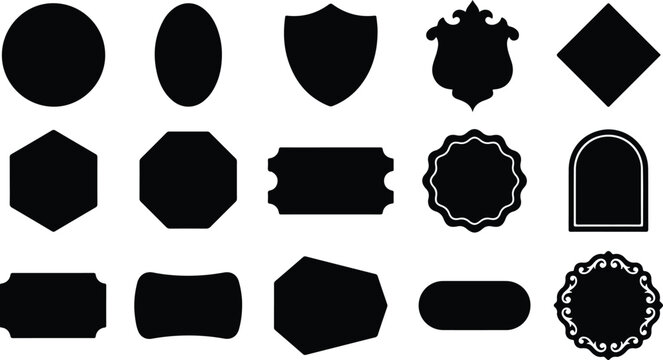 A diverse collection of badge shapes and designs including shields ovals and decorative frames presented in black silhouettes