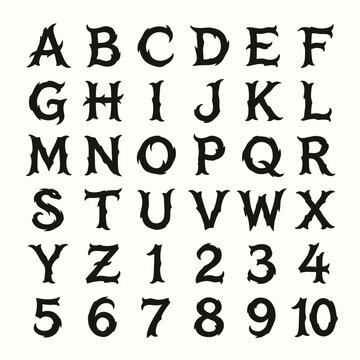 Decorative, jagged black alphabet letters and numbers from A to Z and 1 to 10 are displayed on a clean white background, presenting a unique, rough-edged font.