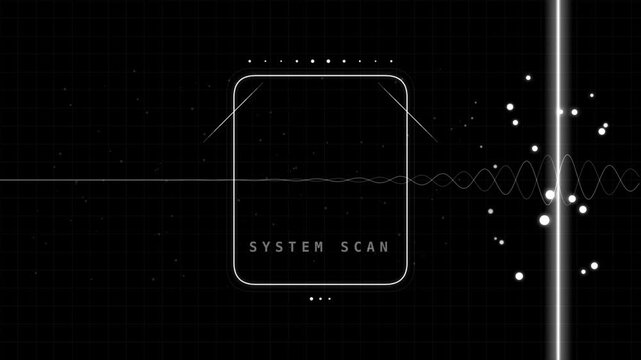 System Scan HUD Interface Motion Graphics Animation with Glowing Particle Waveforms and Data Grid