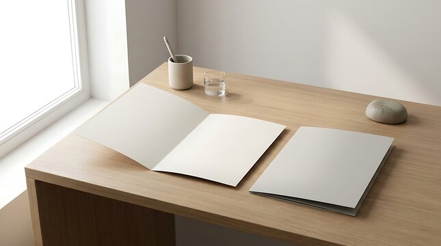 Minimalist bifold program mockup on a light wooden desk with a glass of water and natural sunlight near the window