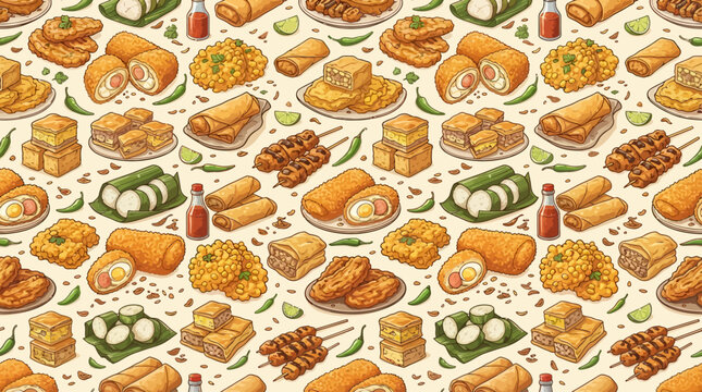 A dense, appetizing vector illustration seamless pattern of iconic Indonesian jajanan pasar and gorengan snacks on a warm light cream background.
