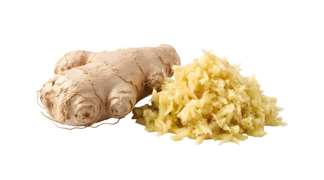 Ginger root with grated ginger isolated on white background