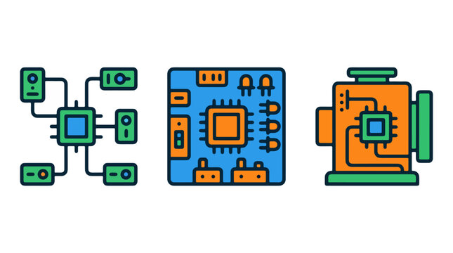 Embedded systems and hardware engineering icons showing microprocessor integrated circuit motherboard industrial automation and smart machine electronics