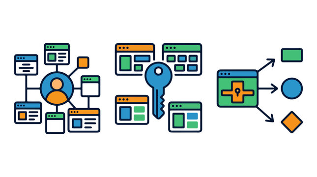 Single sign on SSO authentication icons showing user identity access management account authorization web security key credential verification and login permissions