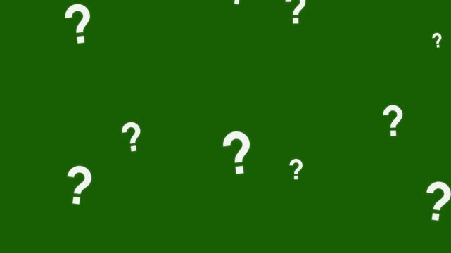 Animated question marks falling on green background, mystery and curiosity concept video, white interrogation symbols for education and quiz isolated on Transparent Background