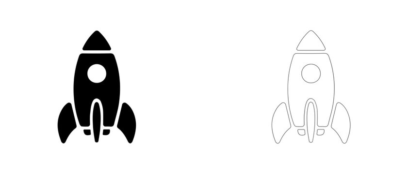 Aerospace rocket spaceship vector icon filled and outline, space shuttle craft and orbital transport symbol.