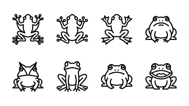 Frog Icon Collection: A set of eight distinct line art icons featuring various frog poses and expressions, from a wide-eyed amphibian to a grumpy-faced one, each rendered in a clean, simple style.