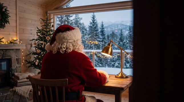 Santa Claus sits at a wooden desk in a cozy cabin, looking out the window at a snow-covered forest, illuminated by the warm glow of a desk lamp and festive Christmas lights.