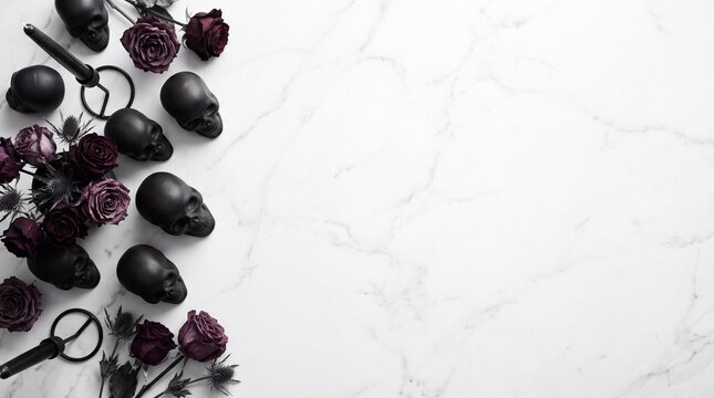 A macabre arrangement of black skulls, dried roses, and antique keys scattered across a marble surface creates a hauntingly beautiful composition, evoking themes of mortality and mystery.