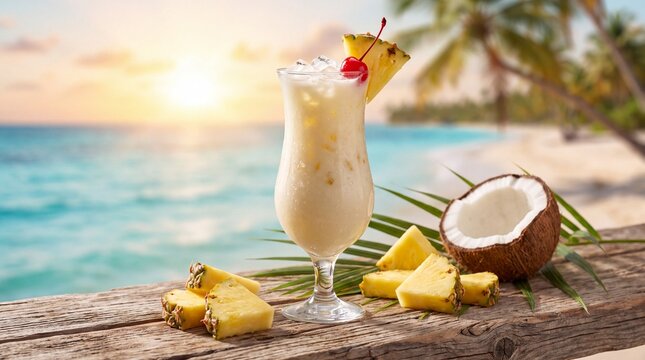 A refreshing Pina Colada cocktail garnished with pineapple and cherry sits on a weathered wooden table, overlooking a serene tropical beach at sunset.