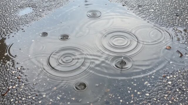 Raindrops creating ripples in a puddle on a wet asphalt road