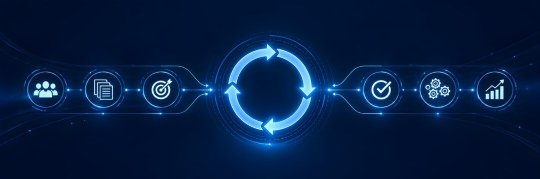 Glowing digital workflow diagram with circular arrows connecting business icons illustrating automated process improvement and system integration