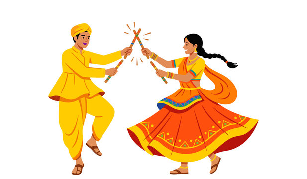 Happy indian couple performing garba dance with dandiya sticks, traditional gujarati folk dance celebration for navratri festival, vibrant ethnic attire illustration isolated on transparent background