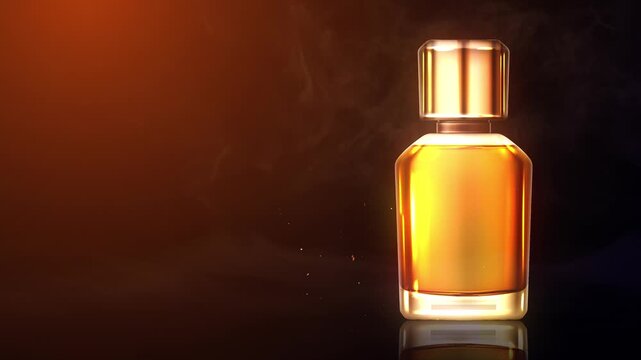 Elegant luxury perfume bottle with golden liquid and metallic cap on a dark smoky background with warm glowing light effects and mist