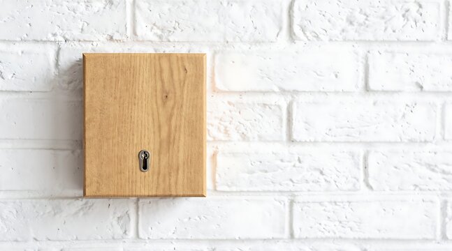 Minimalist wall mounted wooden safe or lock box with keyhole on white brick wall background, security and secret storage concept in modern interior design with copy space for text.