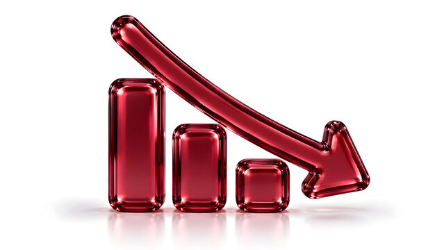 3d render of a red glossy bar chart showing a downward trend isolated on white background