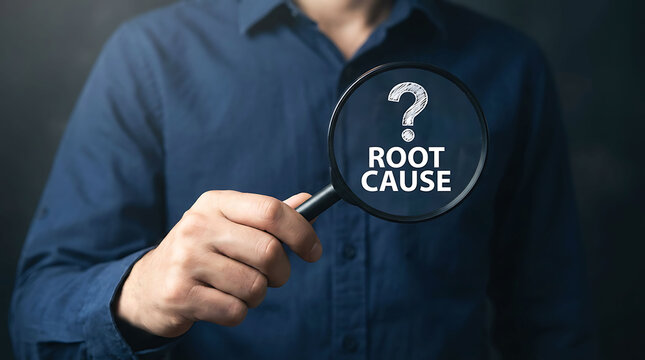 Man holding a magnifying glass with root cause text and a question mark symbol