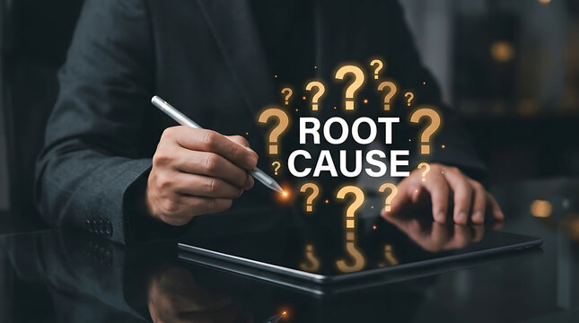 Professional analyzing root cause problem solving with digital tablet technology