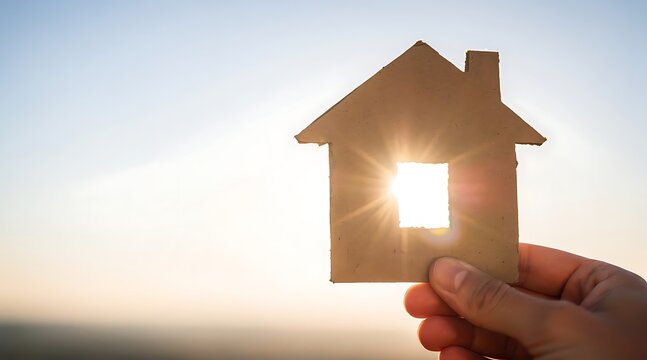 Close up of hand holding a cardboard house cutout against the bright sun at sunset, symbol of real estate investment, home ownership, mortgage loan, and the concept of finding a dream home.
