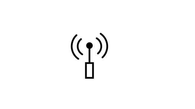 Animated wireless antenna icon transmitting signal waves isolated on plain white background.