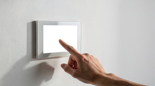 Close up of a person's hand using a wall mounted touch screen tablet with blank white mockup display for smart home control system and home automation technology on a clean white interior wall.