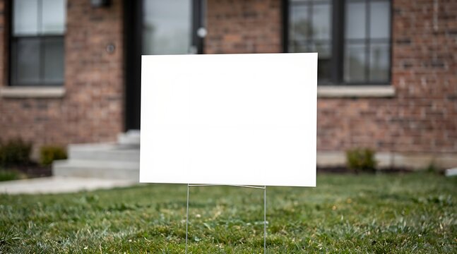 Blank white yard sign standing on green grass lawn in front of a suburban brick house, ideal for real estate for sale, for rent, political campaign, or advertising mockup with copy space