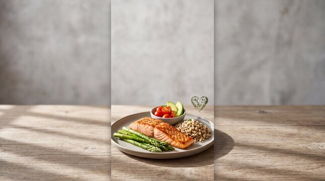 Grilled salmon fillet with asparagus and brown rice on a plate with copy space