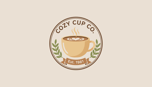 Retro circle logo for Cozy Cup Co. established in 1981 featuring a steaming cup of coffee surrounded by olive branches.