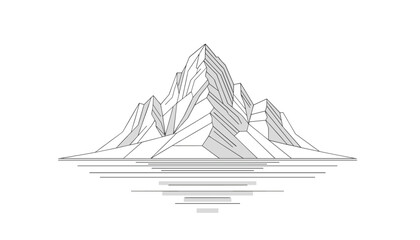 Fototapeta premium Minimalist black and white architectural sketch of a polygonal mountain peak casting shadows over its reflection.