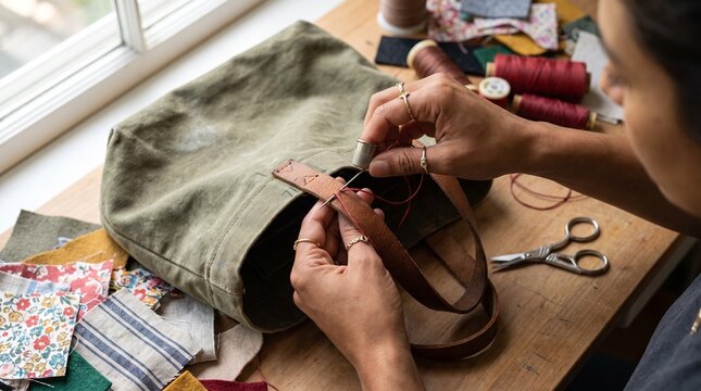 Person hand stitching a leather strap on a canvas bag. Visible mending and sashiko repair technique. Crafting project on a wooden table