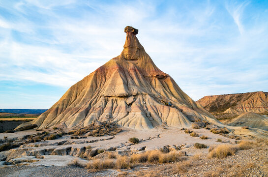 Castil de Tierra rock formation in a desert landscape, Bardenas Reales, Navarre, Spain