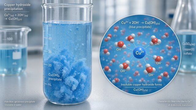 Chemical precipitation experiment showing blue copper hydroxide gel in a glass tube, accompanied by a molecular inset illustrating ion interaction, coordination chemistry, and color origin