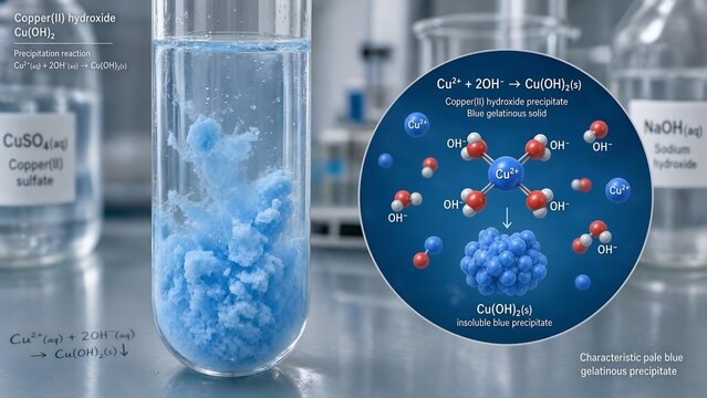 Laboratory test tube filled with a bright blue gelatinous copper hydroxide precipitate, featuring an inset diagram showing cu2+ ions reacting with oh- ions to form a coordination complex