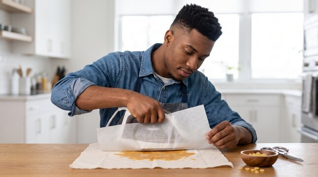 Young Black man making DIY beeswax wraps in a kitchen. Eco friendly sustainable lifestyle concept. Male crafter melting wax pellets with an iron on cotton fabric