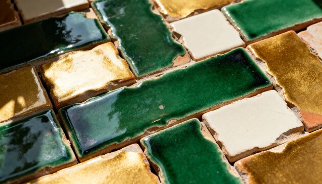 Close up of glossy handmade ceramic tiles in green, gold, and white. Rustic zellige tile texture background with uneven edges. Interior design and home decor material