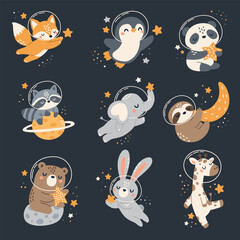 Fototapeta premium Cute collection of space animals wearing astronaut helmets, floating among stars and planets. Fox, penguin, panda, raccoon, elephant, sloth, bear, rabbit and giraffe. Flat vector illustration. Vector