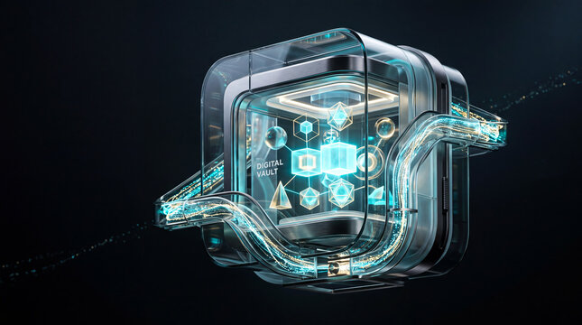 Futuristic Digital Vault Glass Cube with Glowing Data Nodes and Cyber Security Pipeline