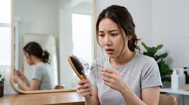 Shocked young Asian woman looking at a clump of fallen hair in her hand and hairbrush, concerned about excessive hair loss, thinning hair and scalp health.
