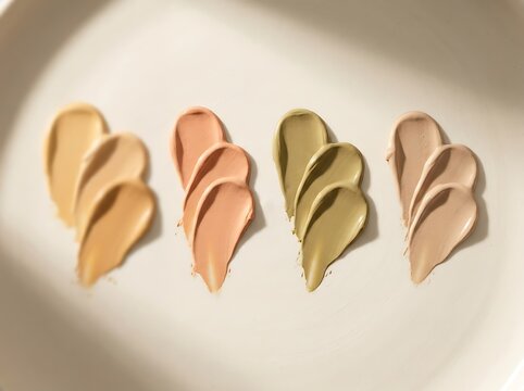 Four groups of liquid makeup foundation smears showing different shades of beige and light brown tones. foundation tone guide