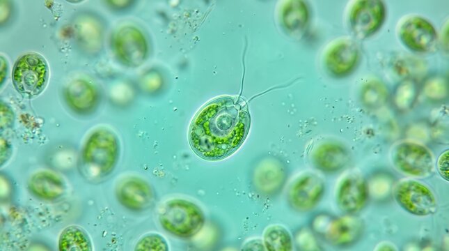 Microscopic view of green algae cells floating in water under laboratory conditions with clear background