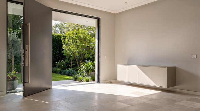 Modern Minimalist Home Entrance with Large Open Pivot Door Leading to a Lush Green Garden in Bright Daylight, Spacious Interior Design with Floating Cabinet and Stone Tile Floor Architecture