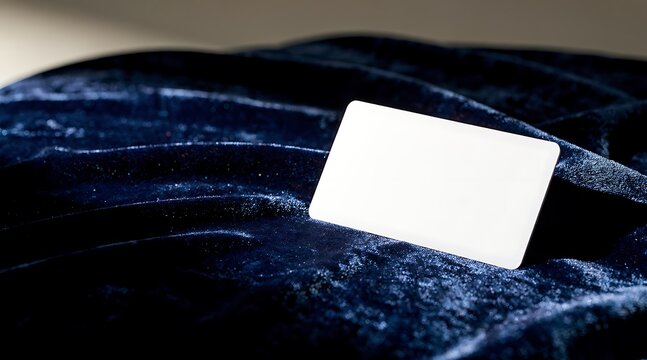 Blank White Plastic Card Mockup Resting on Elegant Dark Blue Velvet Fabric Texture, Premium Credit Card or Gift Card Template for Luxury Branding, Membership, and Corporate Business Identity Design