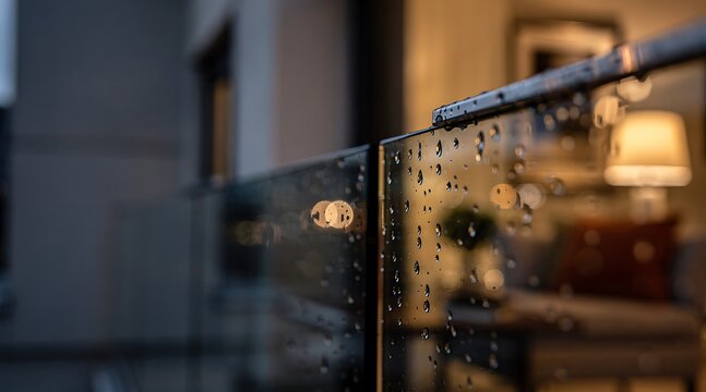 Close up of fresh raindrops on a glass balcony railing with warm indoor lighting and blurred cozy living room interior in the background during a rainy evening or night, atmospheric wet window.