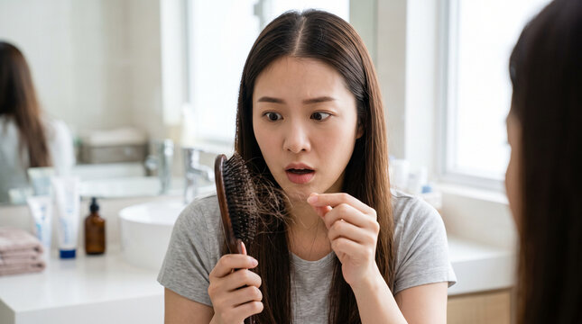 Young Asian woman examining a clump of fallen hair in her hand and comb with a worried expression, noticing abnormal shedding during her daily hair care routine, female hair loss