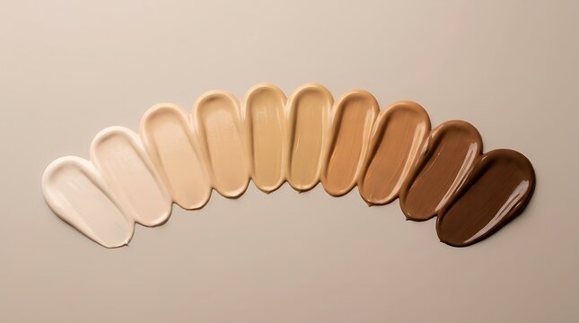 Various shades of liquid foundation makeup swatches arranged in a circular row on a neutral background. foundation tone guide