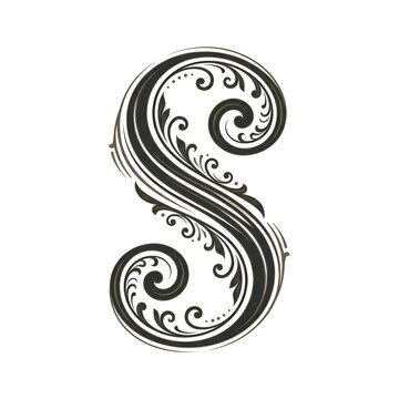 Elegant Black and White Ornamental Script Letter S with Intricate Swirl Designs and Graceful